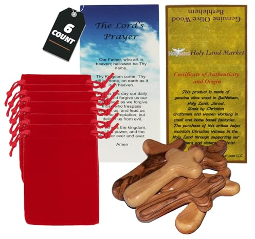 Holy Land Market Six Croix de Confort en Bois d'olivier avec Sacs en Velours et Carte de prière du Seigneur – La Croix de Maintien ou de Main (10,2 cm) – Taille L