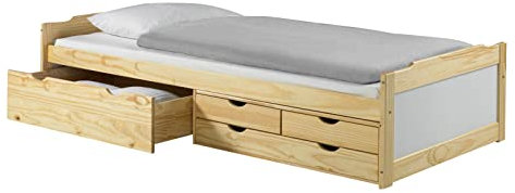 IDIMEX Bett mit Stauraum Andrea Kiefer massiv Weiss/Natur 90x200 cm, Gästebett Tagesbett, 4 Schubladen