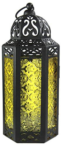 Linterna de vela marroquí Lámpara decorativa para mesa o colgante, decoraciones de Ramadán, decoración interior del hogar, patio o porche al aire libre, bodas, metal negro, vidrio amarilla, mediano