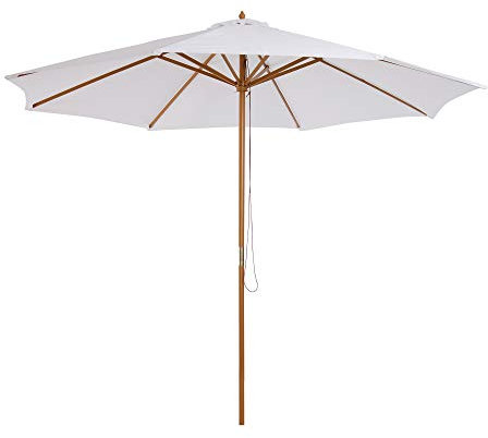 Outsunny Sombrilla Terraza Exterior Ø300 cm Sombrilla de Jardín con Sistema de Polea Techo Ventilado y Poste Desmontable de Madera Parasol para Patio Terraza Blanco