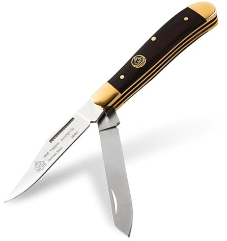 PUMA SGB - Trapper Wood – Klassisches Zweiklingen-Klappmesser mit 71 mm Klingen aus deutschem 1.4116 Stahl (55-57 HRC) – Slip-Joint Mechanismus – Messingbacken – Jacaranda-Holzgriff – Outdoor & Jagd
