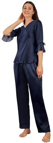 LilySilk 100% Seiden Nachthemd Nachtwäsche Spitze Maulbeerseiden Verpackung MEHRWEG(Dunkel Blau,XL)