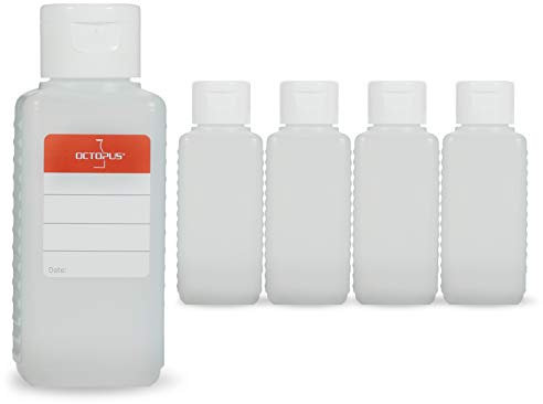 Octopus 5 x 100 ml Kunststoffflaschen, HDPE Plastikflaschen mit weißem Klappverschluss, Leerflaschen mit weißem Scharnierverschluss, Vierkantflaschen inkl. Beschriftungsetiketten