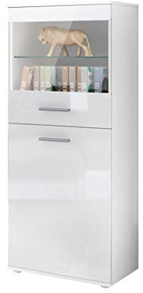 Vladon Vitrine Almada, Made in Germany, Standvitrine mit 2 Türen, 4 Fächern und 1 Glaseinsatz, Weiß matt/Weiß Hochglanz (53 x 125 x 30 cm)