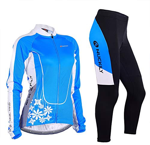 NUCKILY Damen Blumen Radtrikot Atmungsaktive Fahrradbekleidung Set Trikot Kurzarm Langarm & Radhose mit 3D Sitzpolster MTB Radsportanzug
