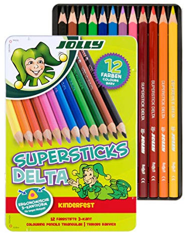 Jolly Superstick Buntstifte DELTA | Dreikant Farbstifte | Kinderfest und Bruchsicher | Ungiftig | 12 Stück im Metalletui