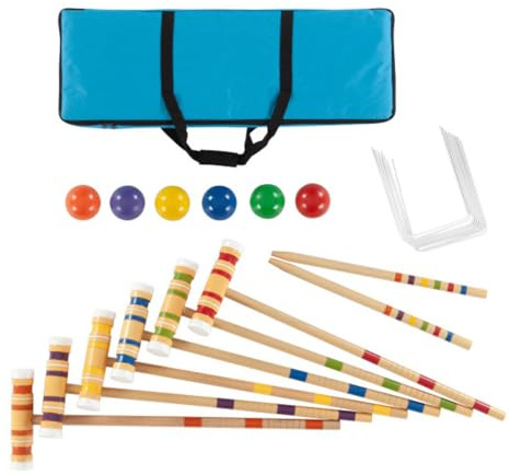 6-Player Croquet Set - Outdoor Games with Wood Mallets, Balls, Posts, Wickets, and Carry Case - Vintage Yard Games for Age 14 Years and Older by Hey Play