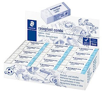 STAEDTLER 526 BT30 Radierer rasoplast combi phtalat- und latexfrei, Schachtel mit 30 Stück, weiß/blau
