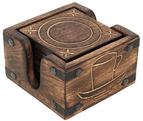 Ajuny Wooden Drink Coasters with Holder Set Burnt Wood Style Square Handcrafted Decorative Non-Slip Tabletop Protection for Any Table Type for Tea Coffee Mugs Home Decor Set of 6