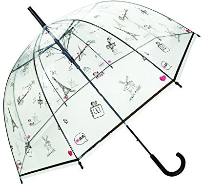 SMATI Langer Regenschirm Transparent - Glockenform; Stabil; Automatisch öffnend; Durchmesser=85cm; Damenregenschirm; Motiv PARIS.