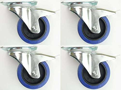 4 Stück 100mm Blue Wheels Lenkrollen Transportrollen mit Bremse/Feststellbremse, Elastik-Rad blau, 180kg / Rad - INDUSTRIEQALITÄT (4x Brems)