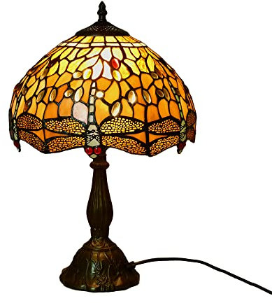 Hochwertige Echtglas Tiffany Tisch-Leuchte CHARLOTTE, E27 H: 47cm, Schirms D: 31cm, Fuß D: 15cm, Nachttisch-Fensterbank-Kommode-Lampe
