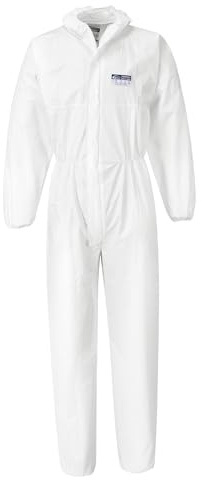 Portwest ST40 BizTex Microporous Coverall Type 5/6 (Pk50) Two-Way Front Zip | White, Small, EN 1149-5, EN 13034, EN 14126, Loose Fit, Ergonomically Shaped Hood, Elasticated Waistband, Construction