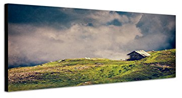 Wandbild auf Leinwand als Panorama in 120x40 cm Die Alpen! Alm-Wiese mit alter Almhütte! Berge in Wolken und Nebel! Tolles Bergbild für kahle Wände!