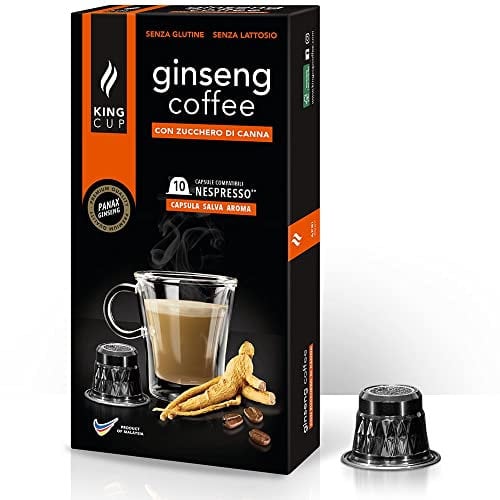 King Cup - 1 Paquet de 10 Capsules de Ginseng au Sucre de Canne, 10 Capsules 100% Compatible avec le Système Nespresso de Boisson Aromatisée Ginseng, Sans Gluten et Sans Lactose