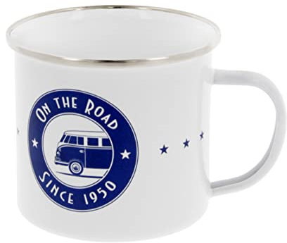 BRISA VW Collection - Volkswagen Large Enamel Coffee-Tea Mug Cup for Camping & Outdoor T1 Bus Campervan (500 ml/16.9 fl oz/On The Road/White)