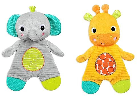 Bright Starts, Plüschtier mit Beißringen, Giraffe oder Elefant, weiches, kinsternder Bauch, beruhigt das Zahnfleisch