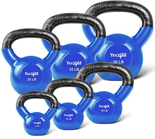 Yes4All Combo Vinyl beschichtete Kettlebell Gewichte Sets - Ideal für Ganzkörpertraining und Krafttraining - Vinyl Kettlebells 5 10 15 20 25 13,6 kg, blau, K2KY