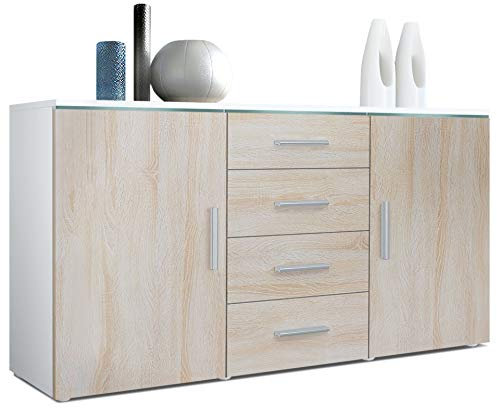 Vladon Sideboard Kommode Faro, Made in Germany, Korpus in Weiß matt/Front in Eiche sägerau (139 x 72 x 35)