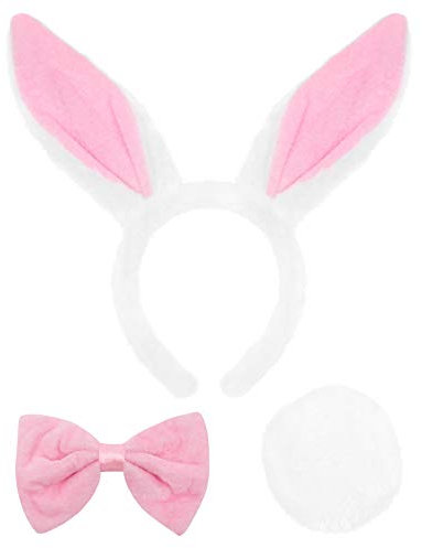 I LOVE FANCY DRESS Set mit 12 X Rosa und Weiße Hasenohren mit Schwänzchen und rosa Fliege