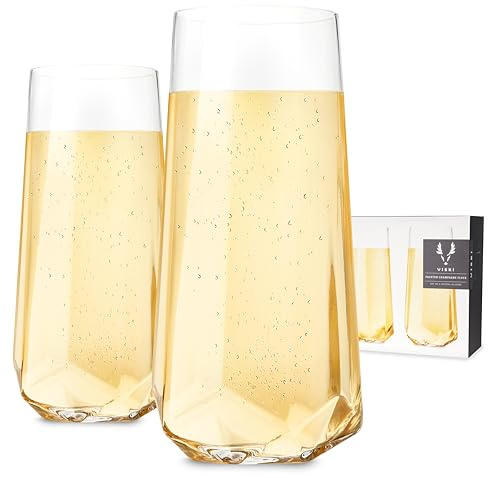 Viski Raye Faceted Crystal Champagne Flutes Set of 2 - Premium Crystal Clear Glass, Modern Stemless, Champagne Glass Gift Set - 10oz