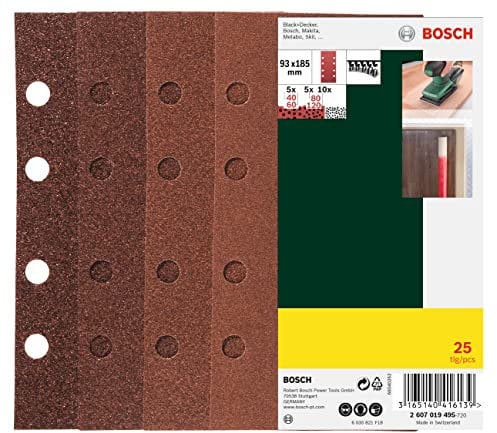 Bosch 25tlg. Schleifblatt Set verschiedene Materialien (Körnung 40/60/80/120, 8 Löcher, Zubehör Schwingschleifer), (25 Stück), 1er Pack