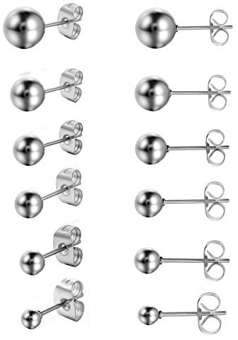 JewelryWe Schmuck Herren Damen Ohrringe, 6 Paare (12pcs) 3~8mm Kugel Ohrstecker, Edelstahl, Silber