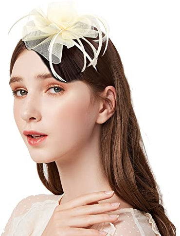 Haarschmuck Haarreif eleganter Fascinator mit Federn Blumen Kopfbedeckung Braut Hochzeit (Weiß)