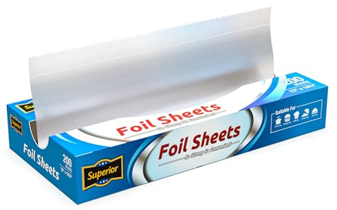 Superior Foil Sheets - Pack of 200 Durable (10'' x 12.75'') Inch Pre-Cut Tin Foil - Easy-to-Use - Heavy Duty Foil Paper - Perfect Fit Kitchen Foil for Grill Pans Cooking & Grilling