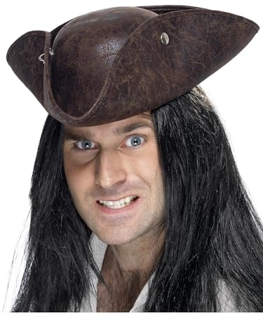 Smiffys Pirate Tricorn Hat, Brown Broken Leather Look, Pirate Fancy Dress, Adult Dress Up Hats