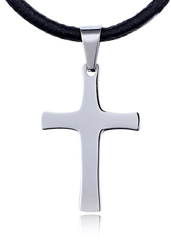 DonDon, collana in cuoio con ciondolo a croce in acciaio inox, sacchetto di velluto nero incluso