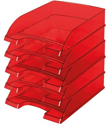 Leitz Briefkorb Standard A4, 5er Pack, Transparente Briefablage in Premium-Qualität, Stapelbare Ablagefächer als Schreibtisch-Organizer, Kombinierbar mit Plus-Serie, Rot, 52260028