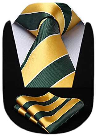 HISDERN Cravate rayés Mouchoir de mariage fête de bal de fin d'année et poche carré or et vert