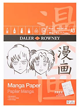 Daler-Rowney Manga Smooth Surface 70gsm A3 Marker Paper Pad, Glued 1 Side, 50 White Sheets, Ideal for Professional Artists & Students