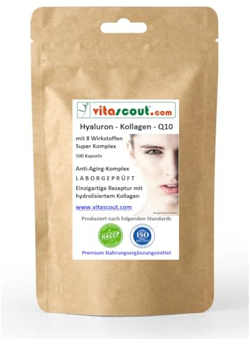 VITASCOUT Hyaluronsäure Kollagen Coenzym Q10 Komplex – 500 Kapseln – mit Vitamin C aus Acerola, Biotin, Zink, Selen, Mangan – Laborgeprüft