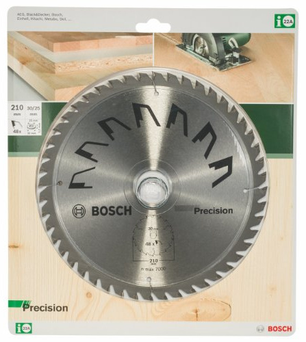 Bosch 1x Circular Saw Blade Precison (for Wood, Ø 210 x 2.5/1.5 x 30/25 mm, 48 Teeth, ATB, with 1x Reduction Ring 25 mm, Accessories for Circular Saws)