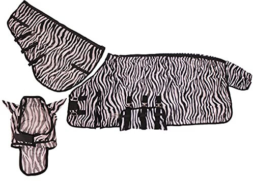 QHP Fliegendecke mit Hals und Hut 3 Bauchgurte, Frontverschluss, Schweiflatz (100 cm, Zebra)