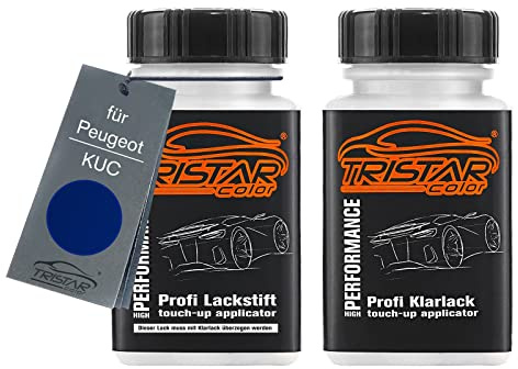 TRISTARcolor Stylo de retouche pour Peugeot KUC Bleu Virtuel Nacre + vernis | Virtual Blue Perl, Peinture voiture, Kit peinture de base + vernis, flacons de peinture avec pinceau, 50ml chacun
