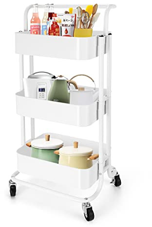 TNAVY 3 Tier Rolling Trolley with Handle, Metal Utility Cart on Wheels, Storage Organizer for Kitchen Laundry Bathroom and Office (White)