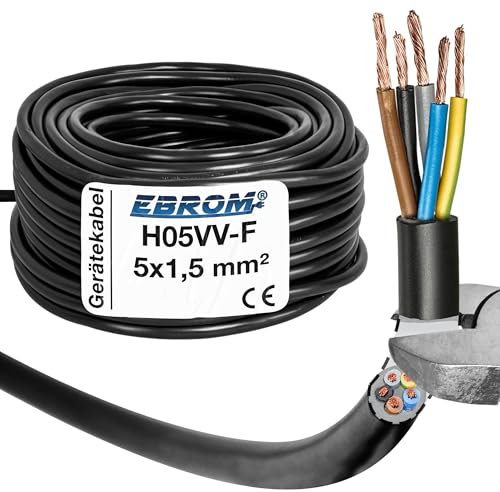 Câble H05VV-F 5G1,5 mm² - 5 x 1,5 mm² - Noir - 5 m, 10 m, 25 m et 50 m
