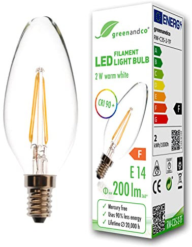 greenandco® CRI90+ Glühfaden LED Lampe | klar | ersetzt 20 Watt E14 Kerze | 2W 200 Lumen | 2700K warmweiß | Filament Fadenlampe | 360° 230V AC | nicht dimmbar | flimmerfrei | 2 Jahre Garantie