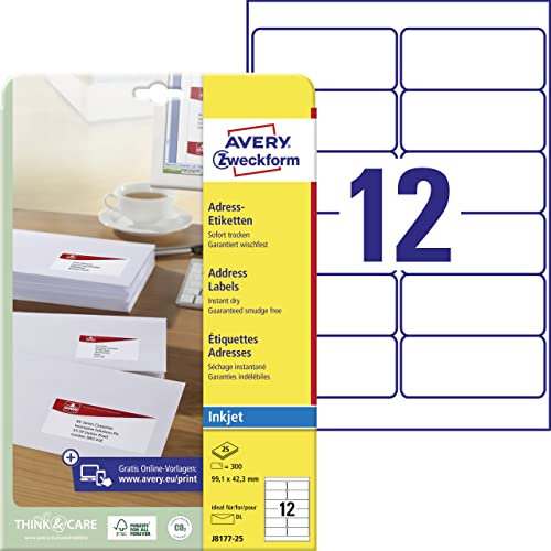 AVERY Zweckform J8177-25 Adressetiketten/Adressaufkleber (300 Etiketten, 99,1x42,3mm auf A4, bedruckbar, selbstklebend, für DIN lang Briefkuverts, Papier matt, Inkjet-Drucker) 25 Blatt, weiß