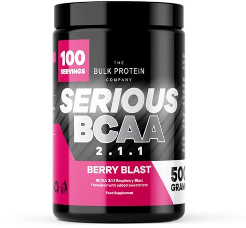 Serious BCAA Powder 500g, 100 Servings Pre Workout - Helps Build Muscle - The Bulk Protein Company (Raspberry Blast)