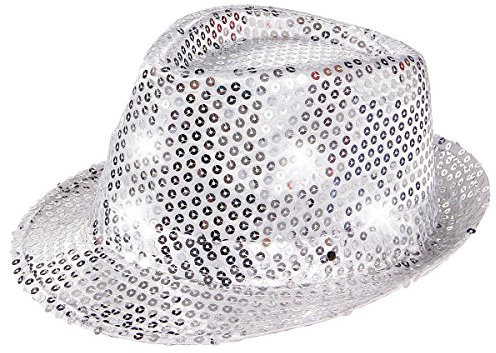 Alsino LED Clubstyle Pailettenhut, Silber - 58 cm Kopfumfang - Partyhut Trilby Pailletten Hut, Blink Fedora Bogart Glitzerhut Glitter