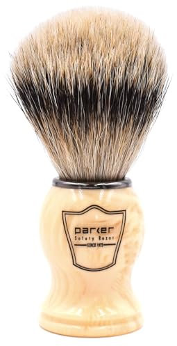Parker Rasierhobel Badger 100% Silberspitze Dachshaar-Rasierpinsel – inklusive Bürstenständer (weißer Griff)
