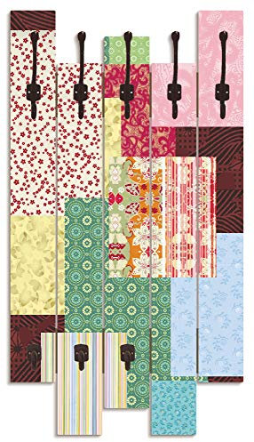 ARTLAND Wandgarderobe Garderobenpaneel Holz mit 8 Haken 63x114 cm Design Garderobe mit Motiv Abstrakt Muster Karo Patchwork Bunt T9MC