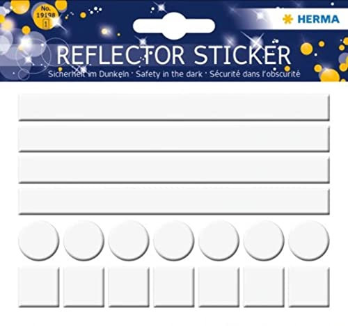 HERMA 19198 Reflektor Aufkleber neutral weiß rund rechteckig quadrat, 18 Stück, selbstklebend Kinder Reflektor Sticker für Fahrrad Helm Schulranzen Rollator Koffer, Leuchtaufkleber Leuchtsticker Set