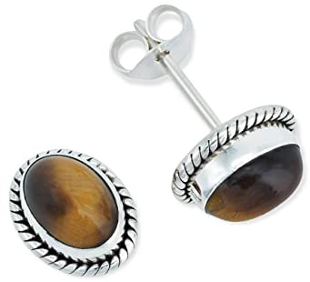 Ohrstecker 925 Silber Tigerauge brauner Stein Edelstein Ohrringe echt Silber Damen Sterling Silber Stecker Geschenk(MOS-021-18)