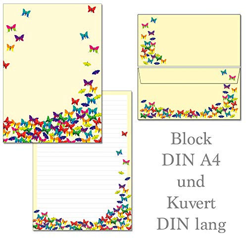 Schmetterlinge - 1 Schreibblock Briefblock DIN A4 + 15 Briefumschläge DIN lang Block-Set-SchmF