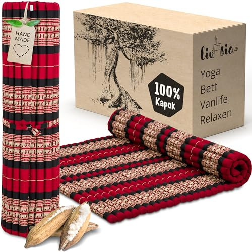 livasia Rollmatte XXL breit Doppelbett - 200x145x4,5cm - Gästebett Gästematratze 2 Personen mit Muster, Reisebett für Kofferraum und Outdoor, Thaimatte Kapok Garten und Balkon (Rot/Elefanten)